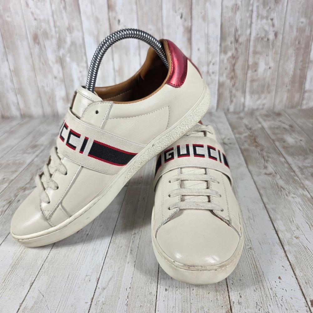 Gucci Sneakers Women's Cream Leather Red Metallic Accent Low Top‎ Designer Shoes - Picture 5 of 8